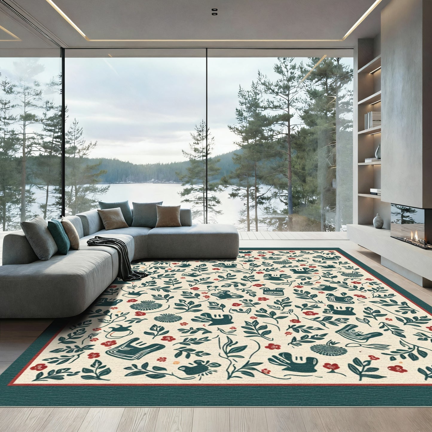 Crimson and Teal Floral Nature Collage Rug