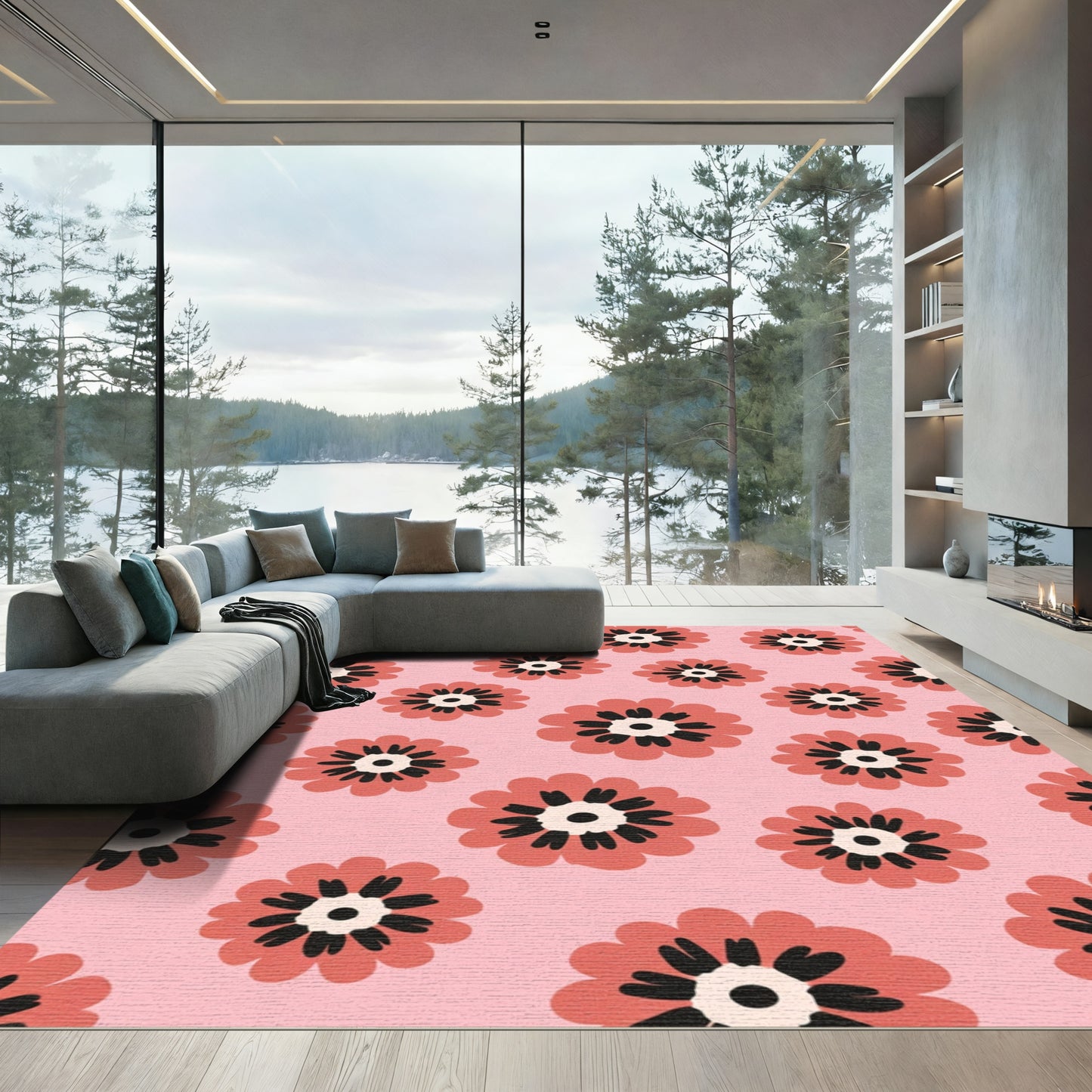 Coral Red Floral Meadow Background Rug