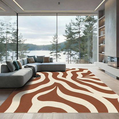 Rustic Brown Cream Abstract Swirl Rug