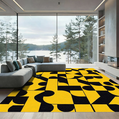 Bold Yellow Black Geometric Composition Rug