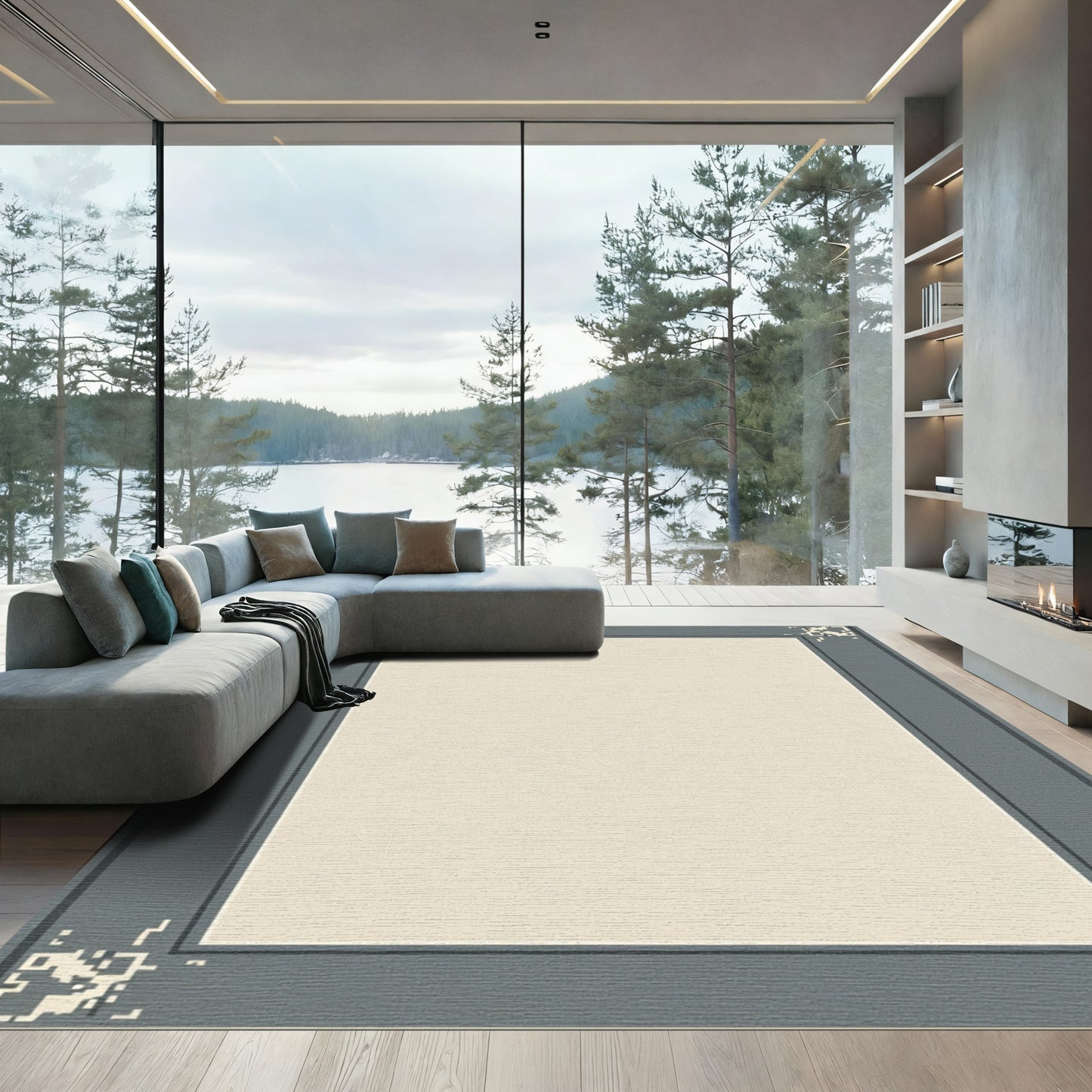 Minimalist Gray Bordered Cream Rug