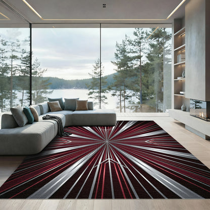 Crimson Silver Art Deco Burst Rug