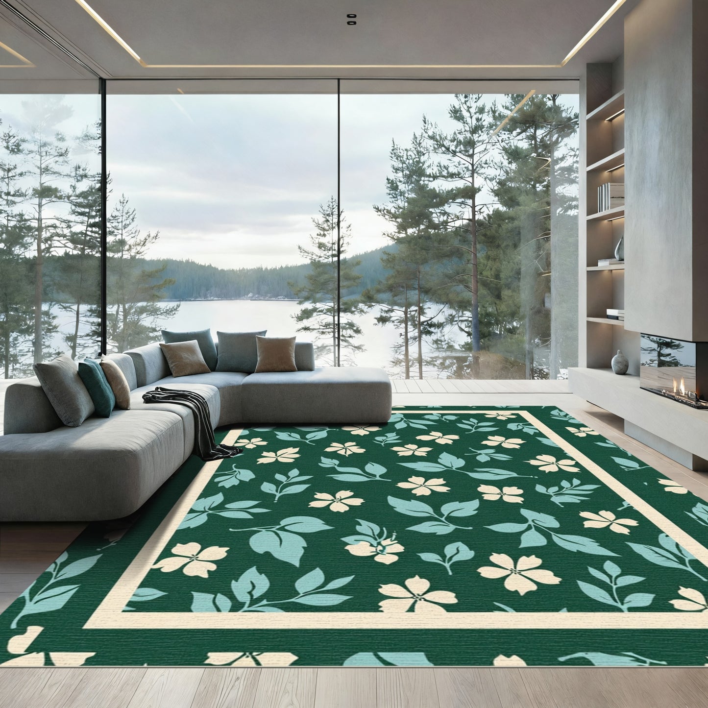 Cream White Floral Foliage Pattern Rug