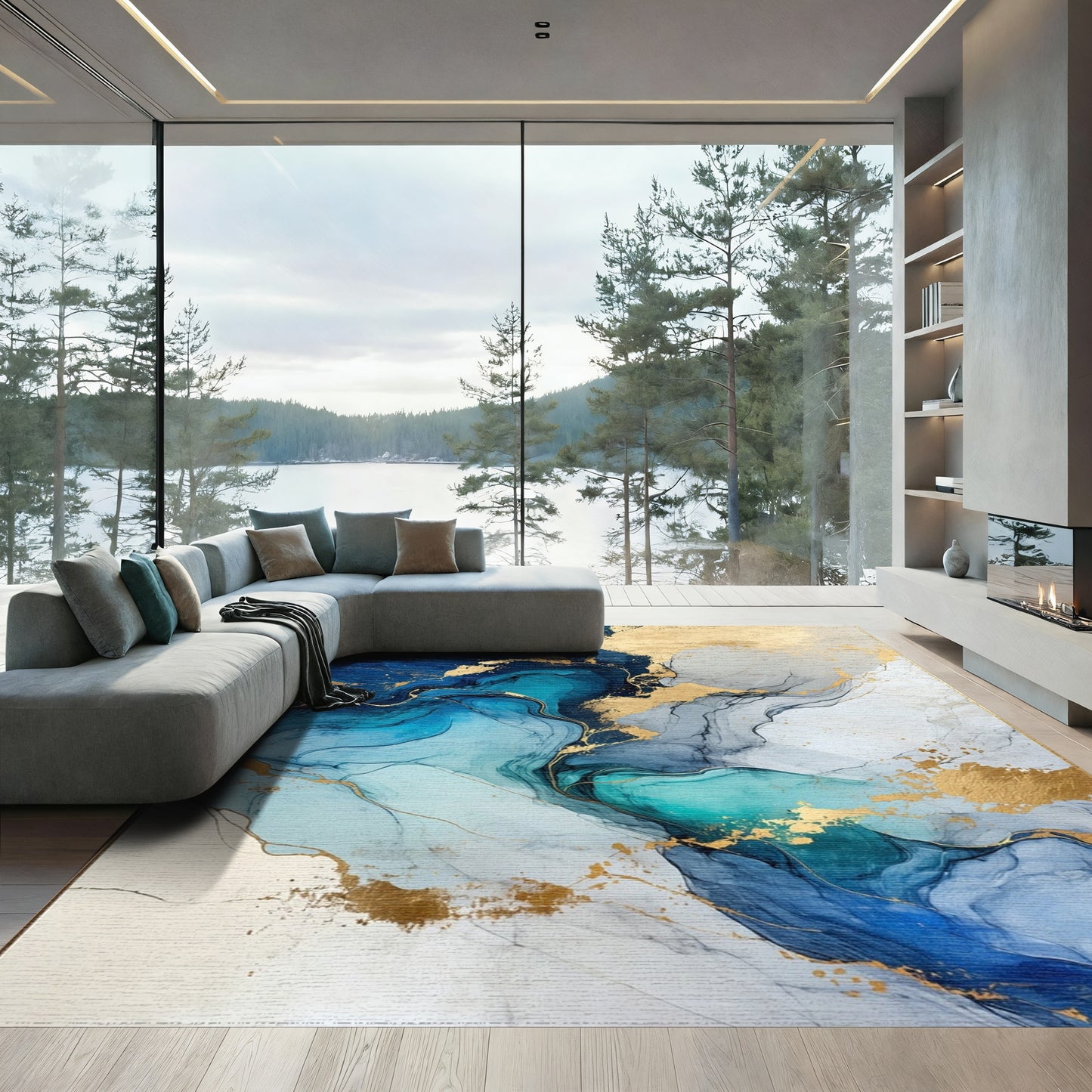 Navy Teal Gold Fluid Swirl Rug