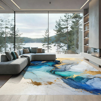 Navy Teal Gold Fluid Swirl Rug