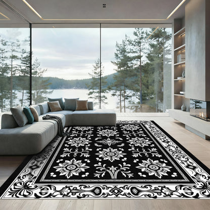 Black White Intricate Floral Border Rug