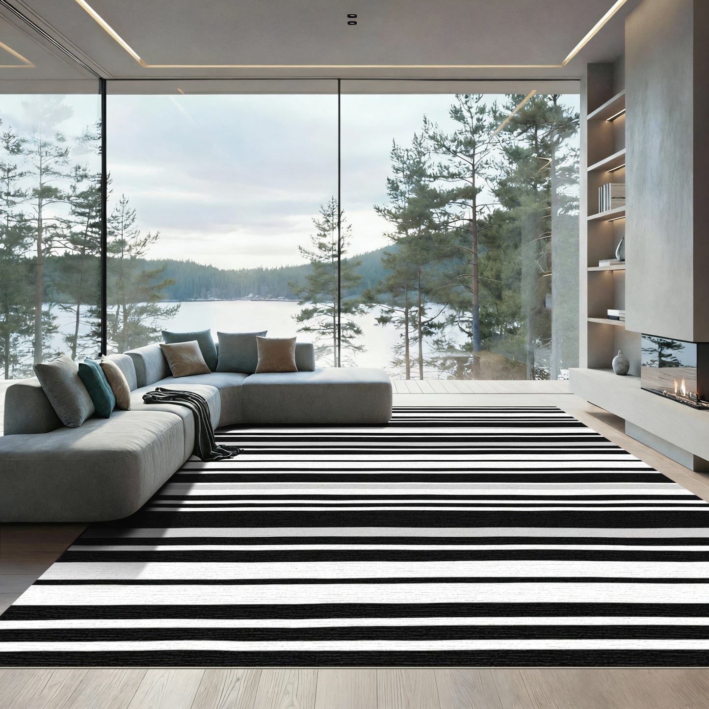 Modern Black White Gray Stripe Rug