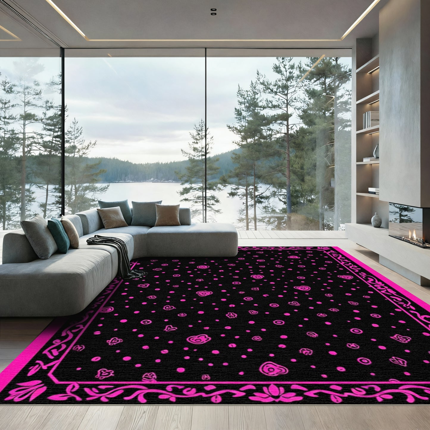 Hot Pink Floral Scatter Black Frame Rug