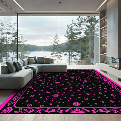 Hot Pink Floral Scatter Black Frame Rug