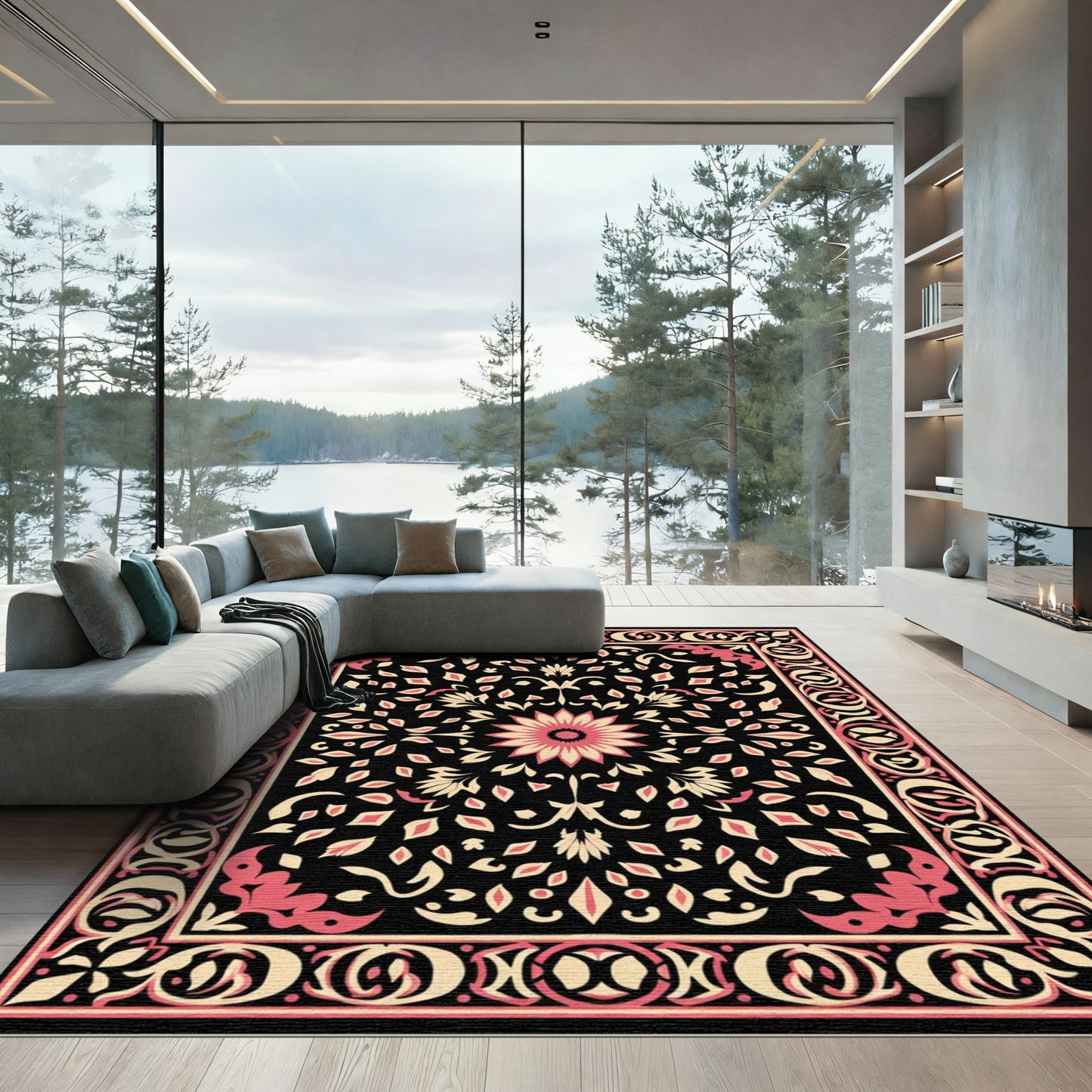 Black Pink Floral Medallion Border Rug