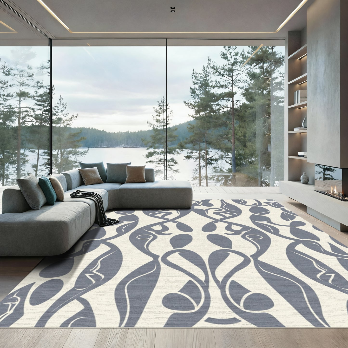 Elegant Slate Blue Floral Swirl Rug