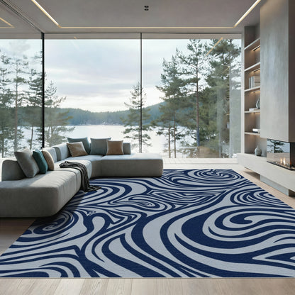Navy Blue Swirling Abstract Rug