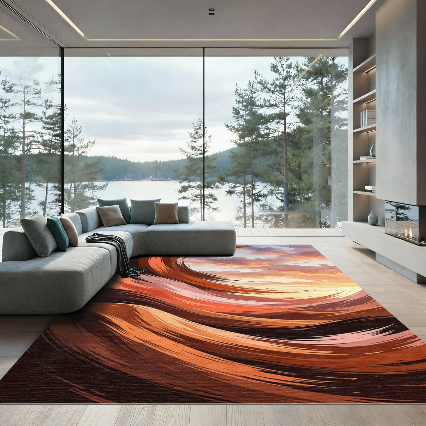 Crimson Sunset Swirl Abstract Rug