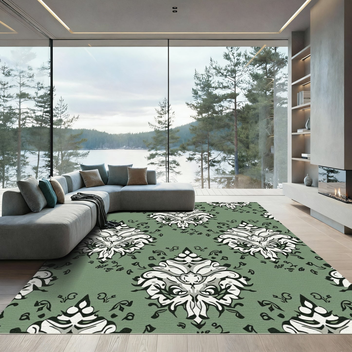 Sage Green Floral Crest Arrangement Rug
