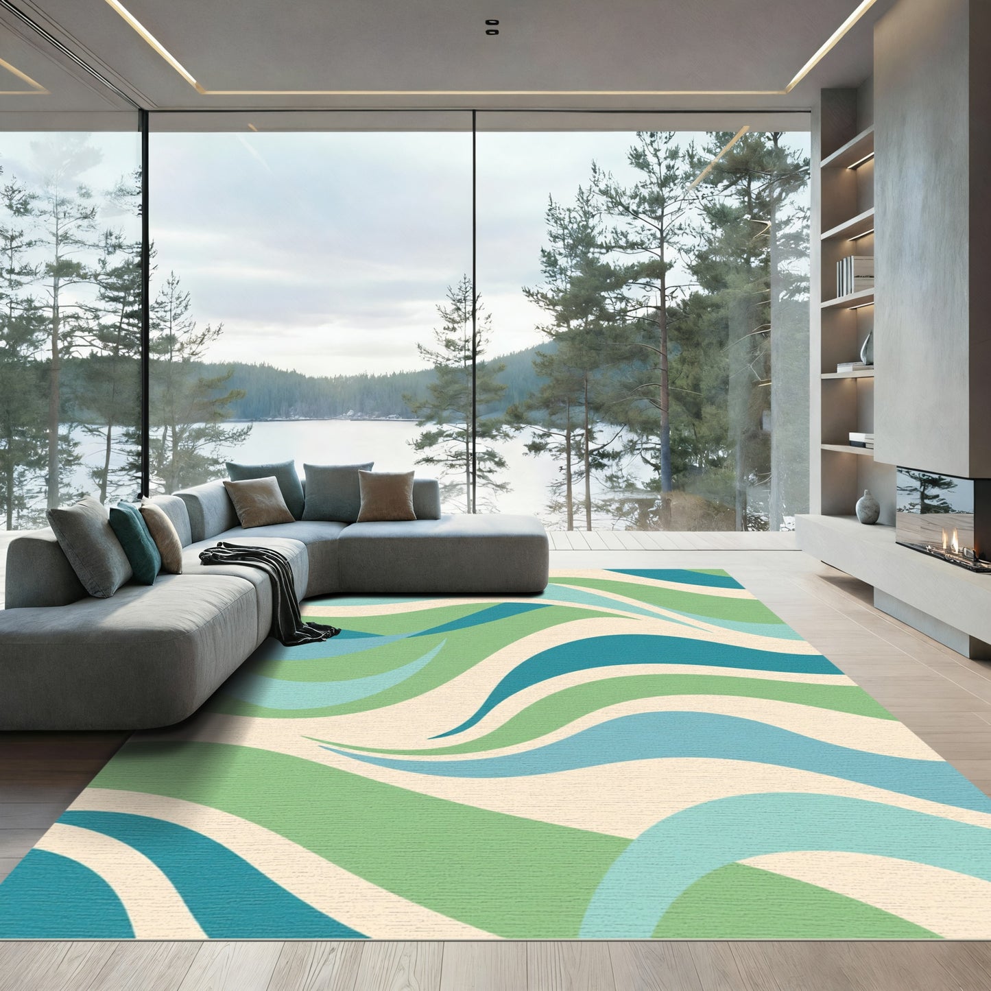 Cream Green Blue Flowing Waves Rug