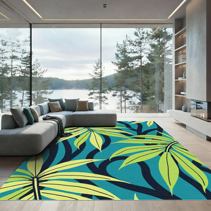 Tropical Green Leaf Teal Background Rug
