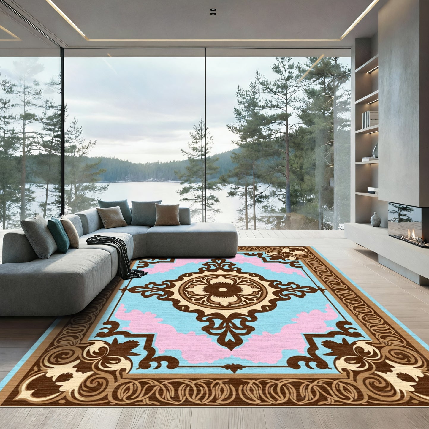 Retro Blue Pink Floral Medallion Rug