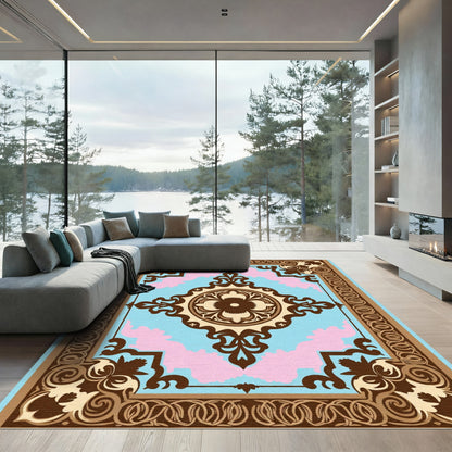 Retro Blue Pink Floral Medallion Rug