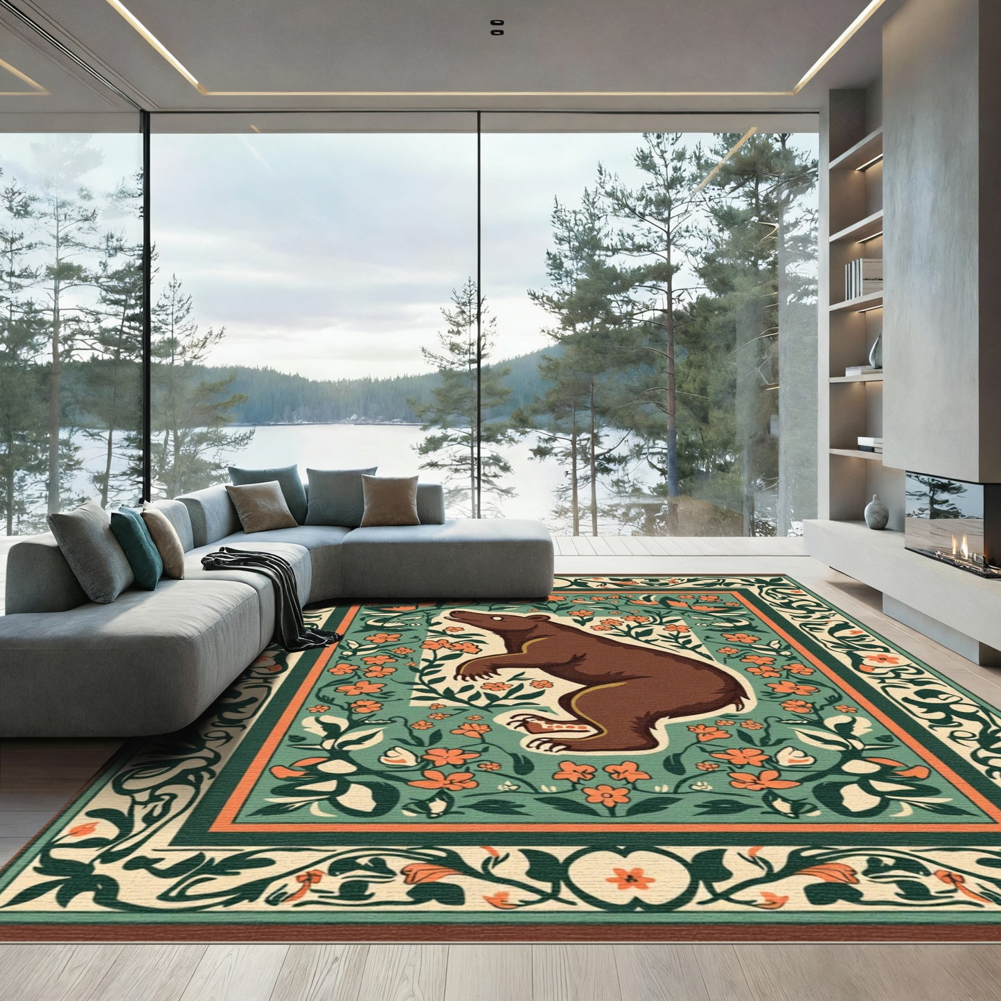 Brown Bear Floral Border Rug