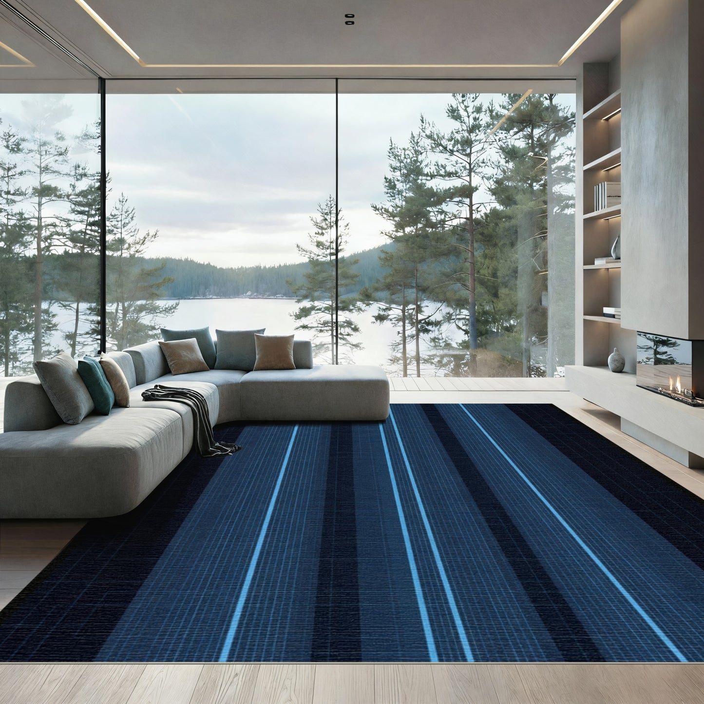 Modern Blue Striped Geometric Rug