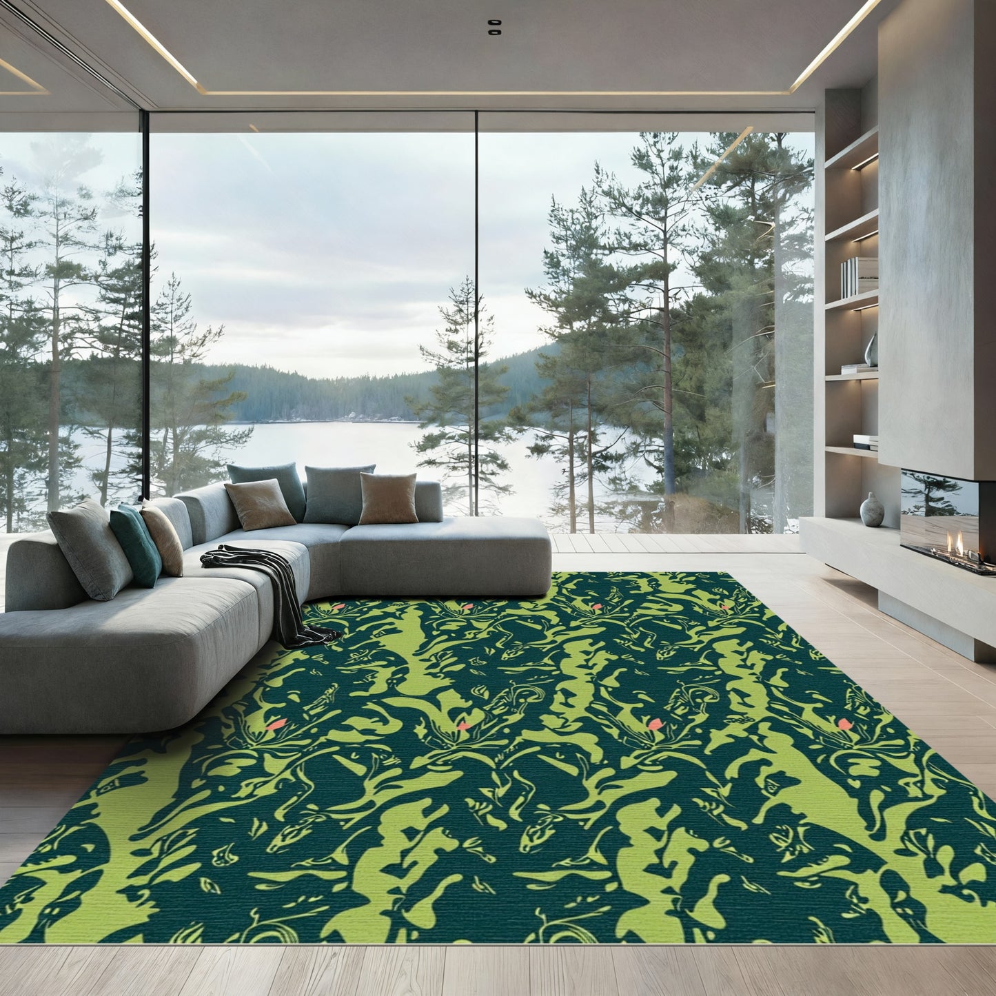 Dark Teal Green Abstract Floral Rug