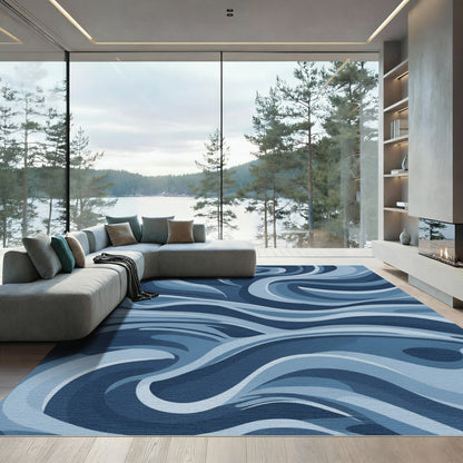 Deep Blue Abstract Flowing Lines Rug