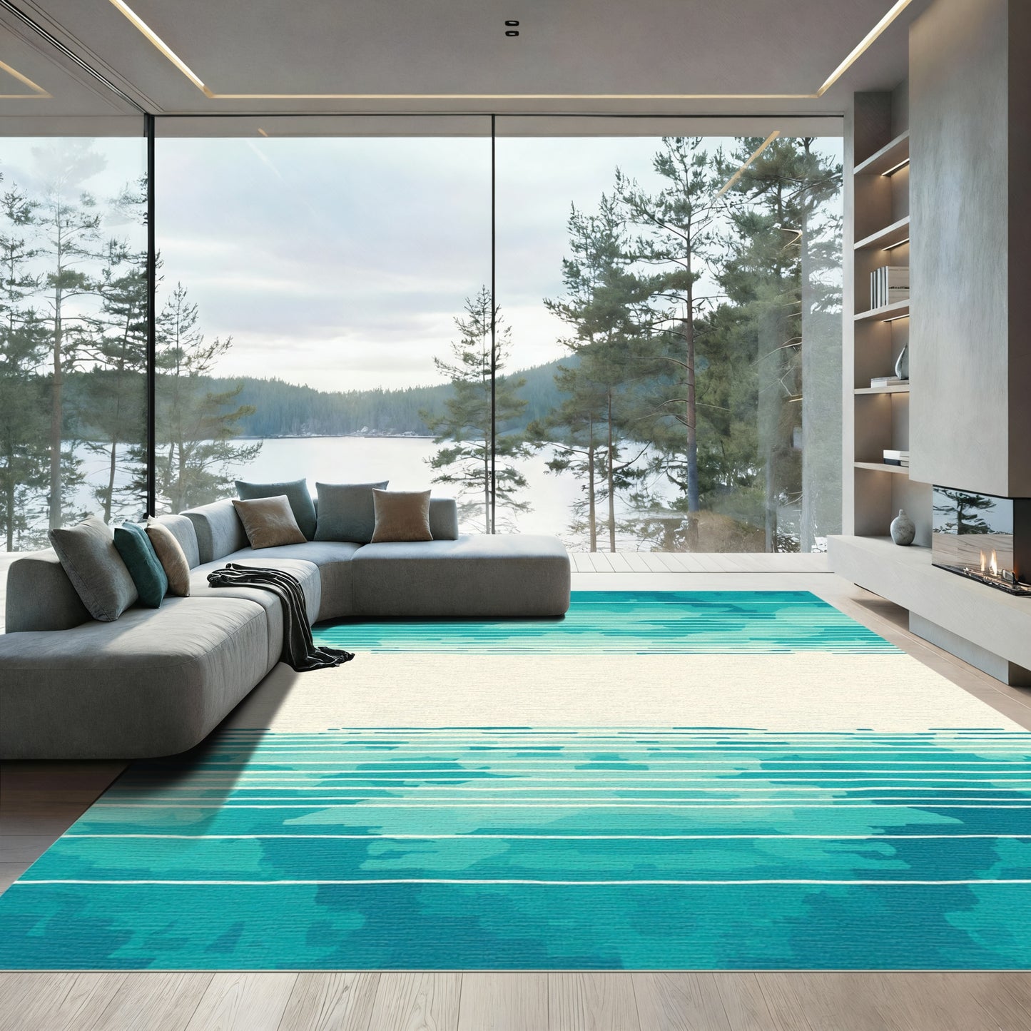 Coastal Turquoise Horizontal Stripe Abstract Rug