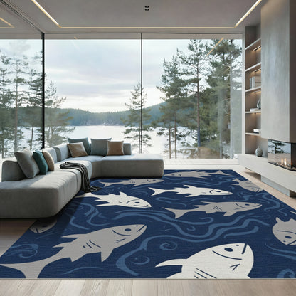Gray Fish School In Deep Blue Waves Rug