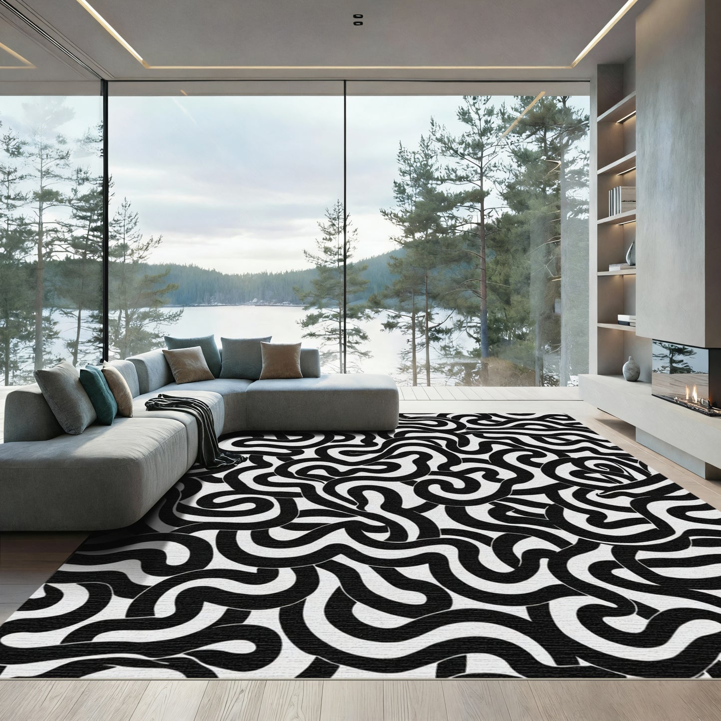 Bold Black And White Organic Swirl Rug