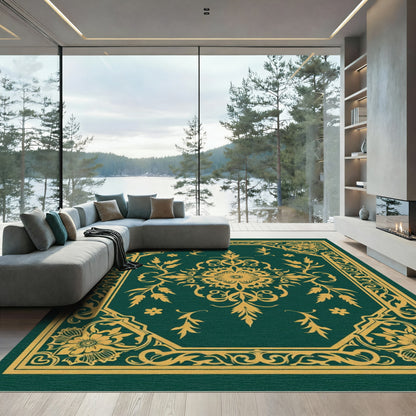 Gold Floral Medallion Green Ornate Rug
