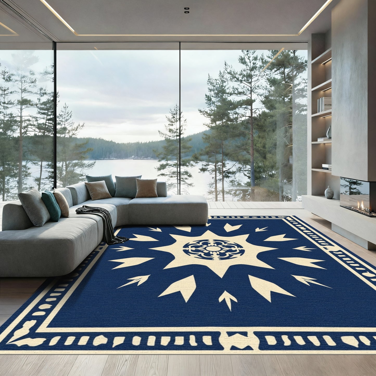 Deep Blue Cream Starburst Medallion Rug