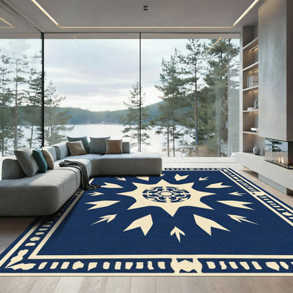 Deep Blue Cream Starburst Medallion Rug