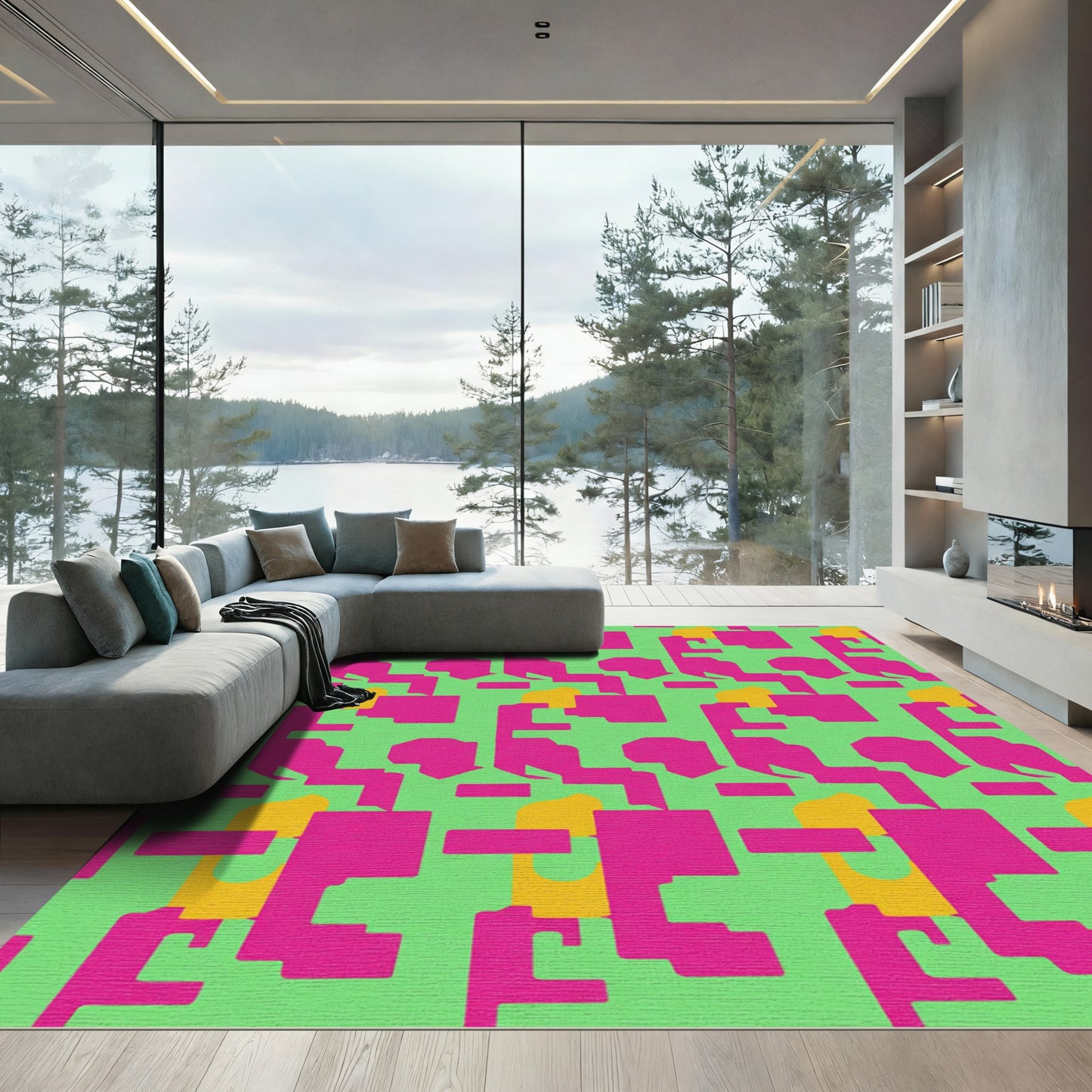 Pink Yellow Geometric Abstract Shapes Rug