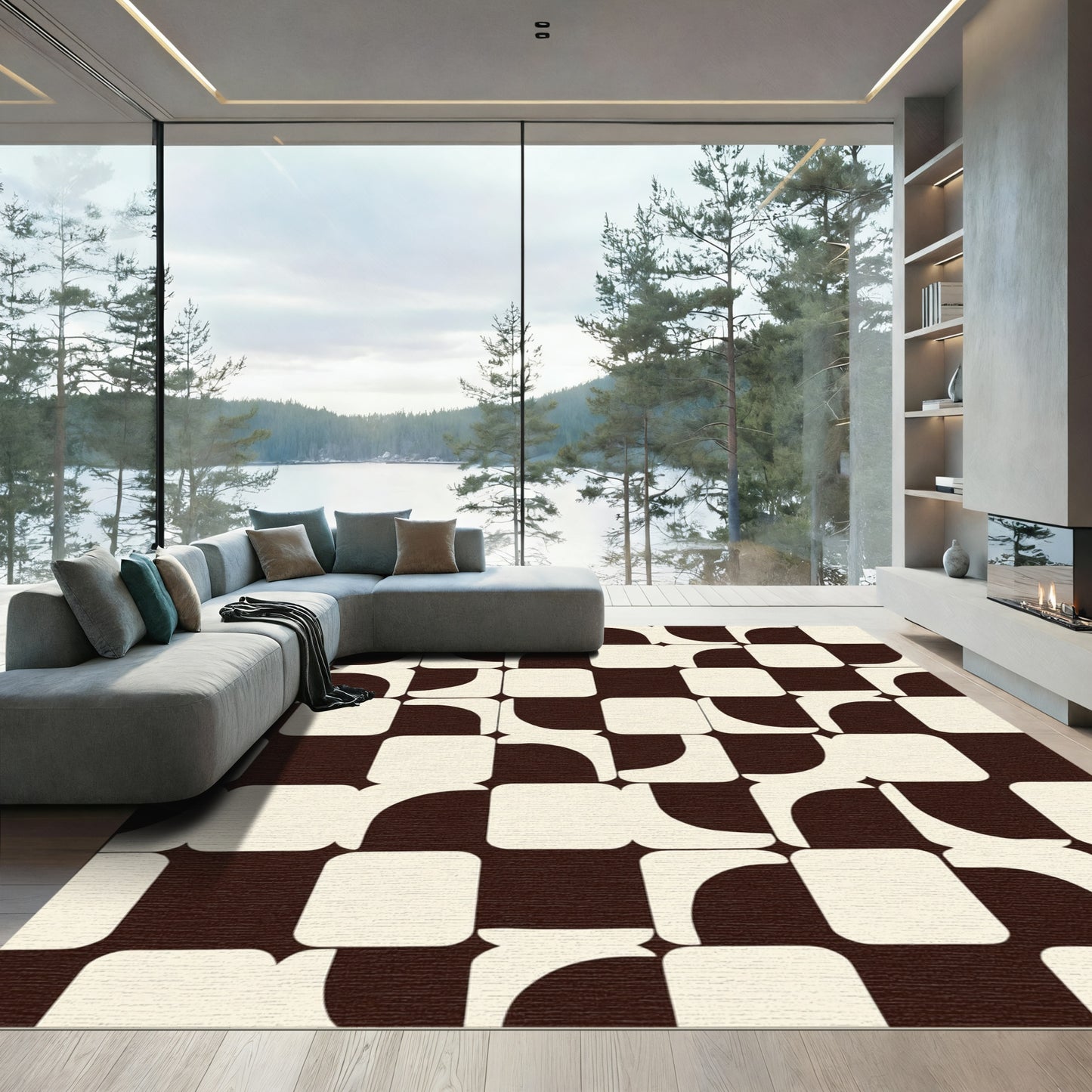 Mid Century Modern Squares Curves Rug