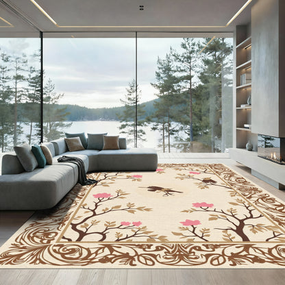Brown Floral Birds Nature Inspired Rectangular Rug