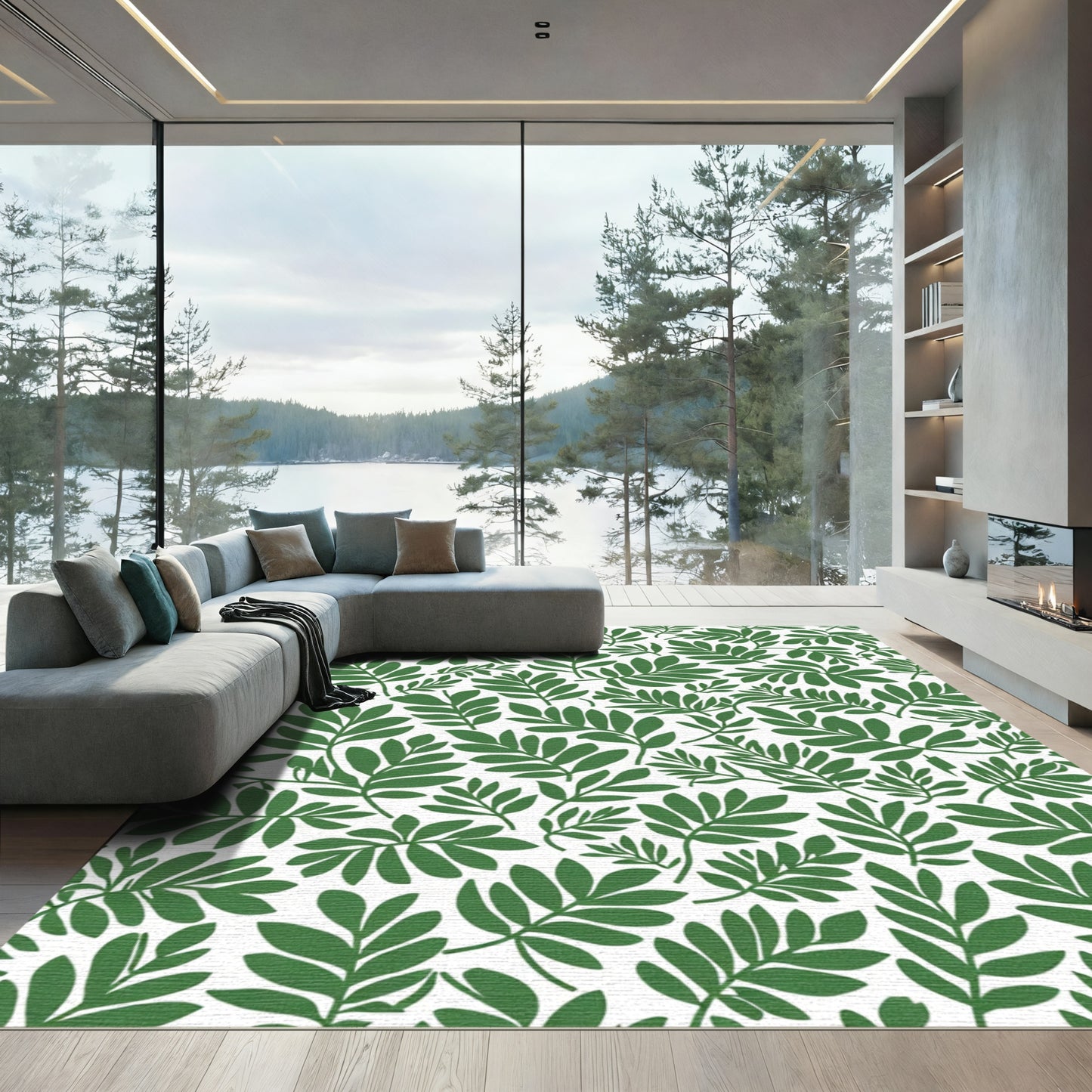 Lush Green Leafy Botanical Pattern Rug