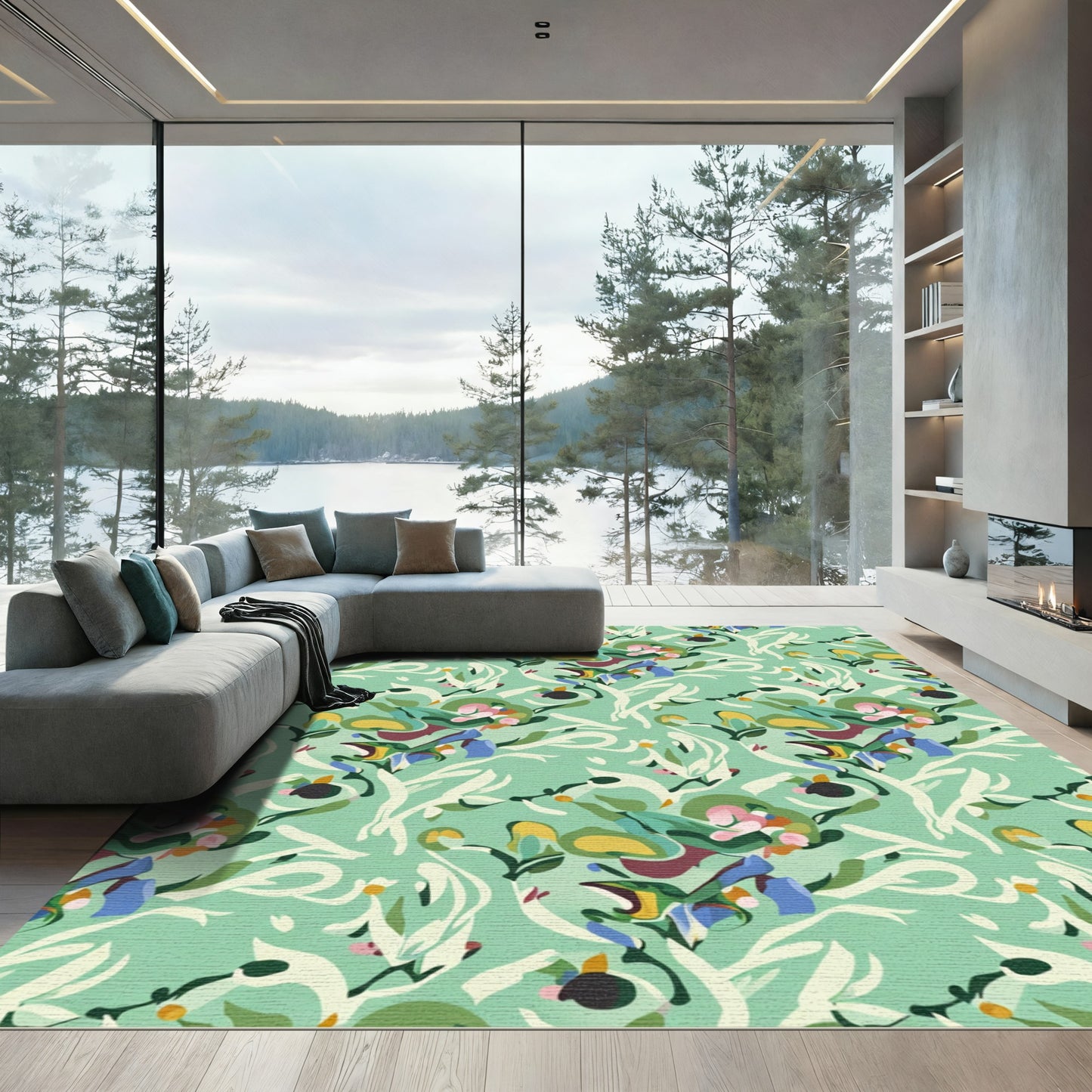 Abstract Emerald Green Floral Whimsical Rug