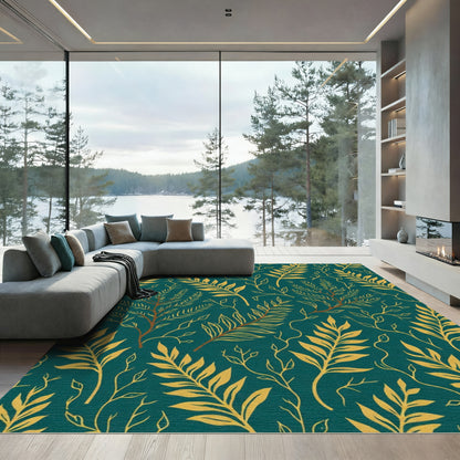 Teal Gold Botanical Vine Art Rug