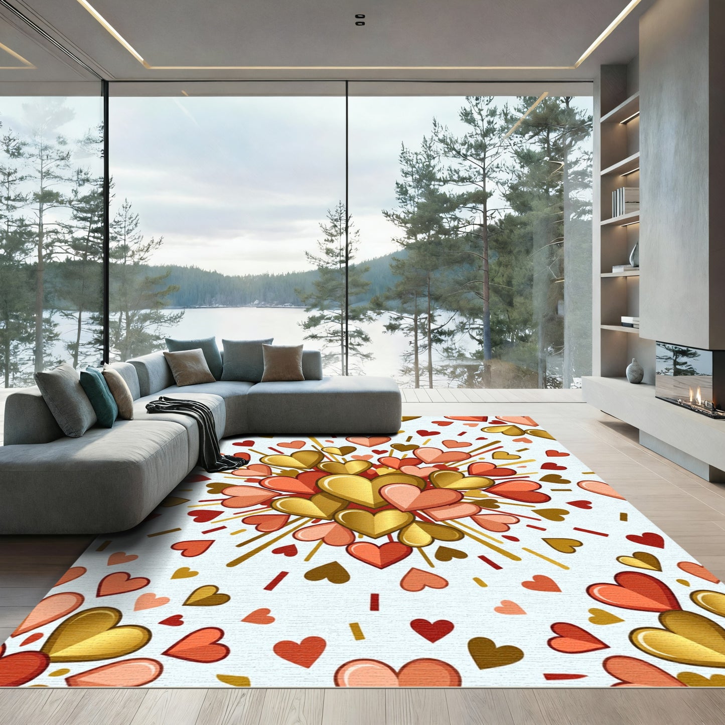 Golden Red Heart Burst Explosion Rug
