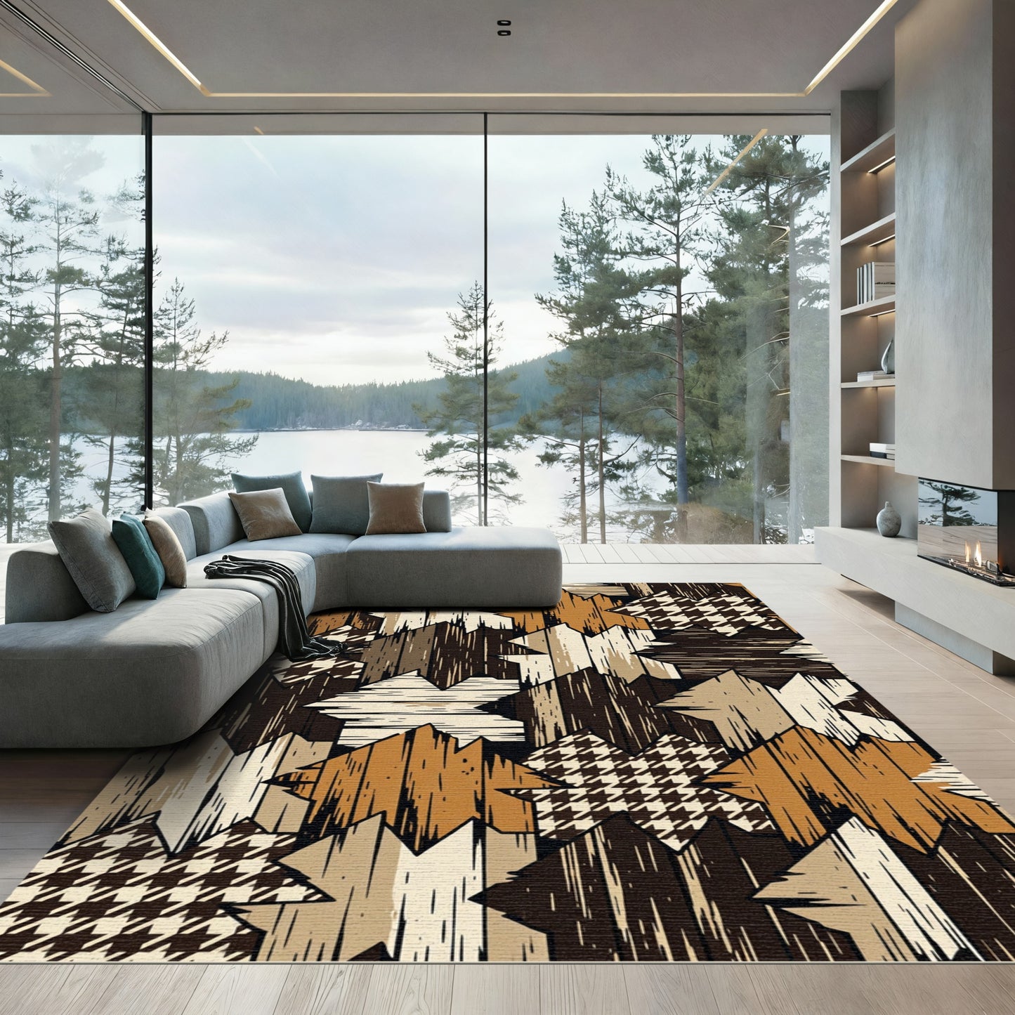 Rustic Houndstooth Wood Patchwork Quilt Rug