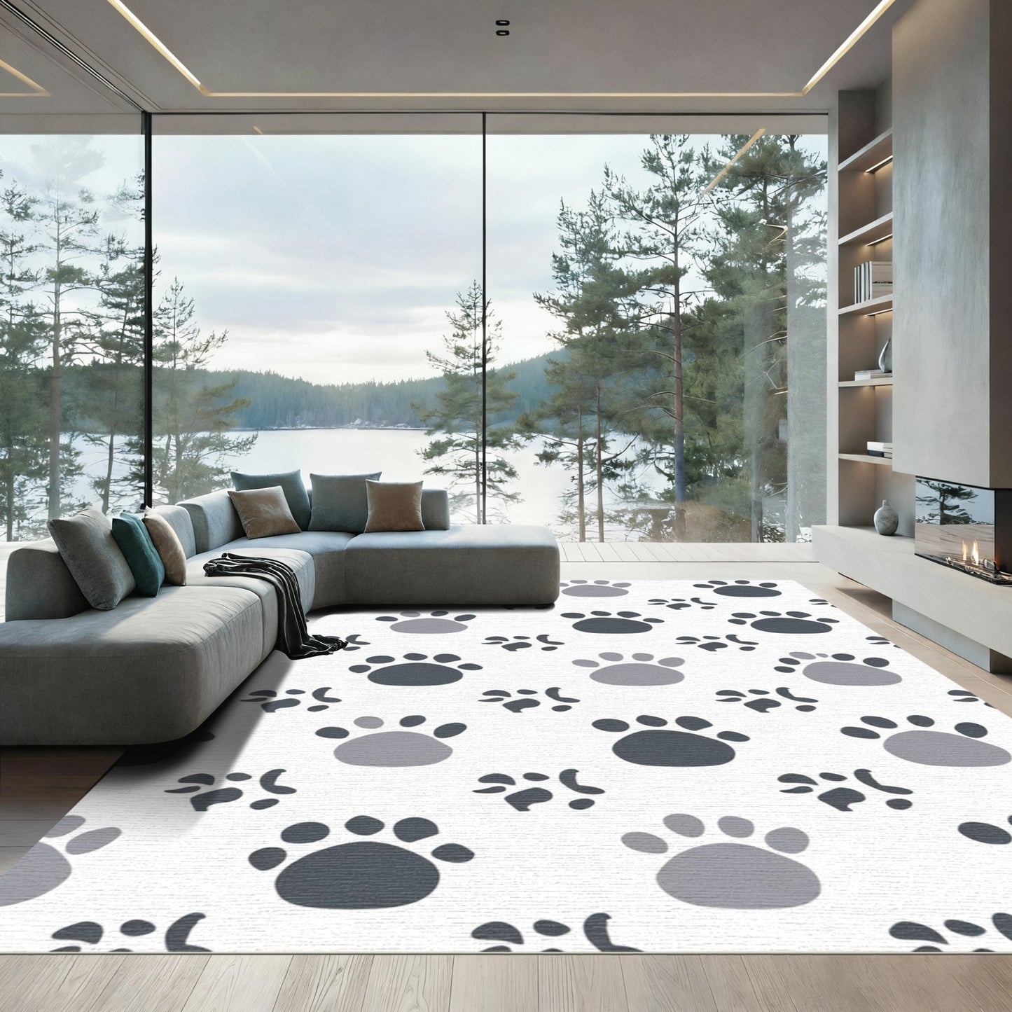 Gray Paw Prints Scattered Pattern Rug