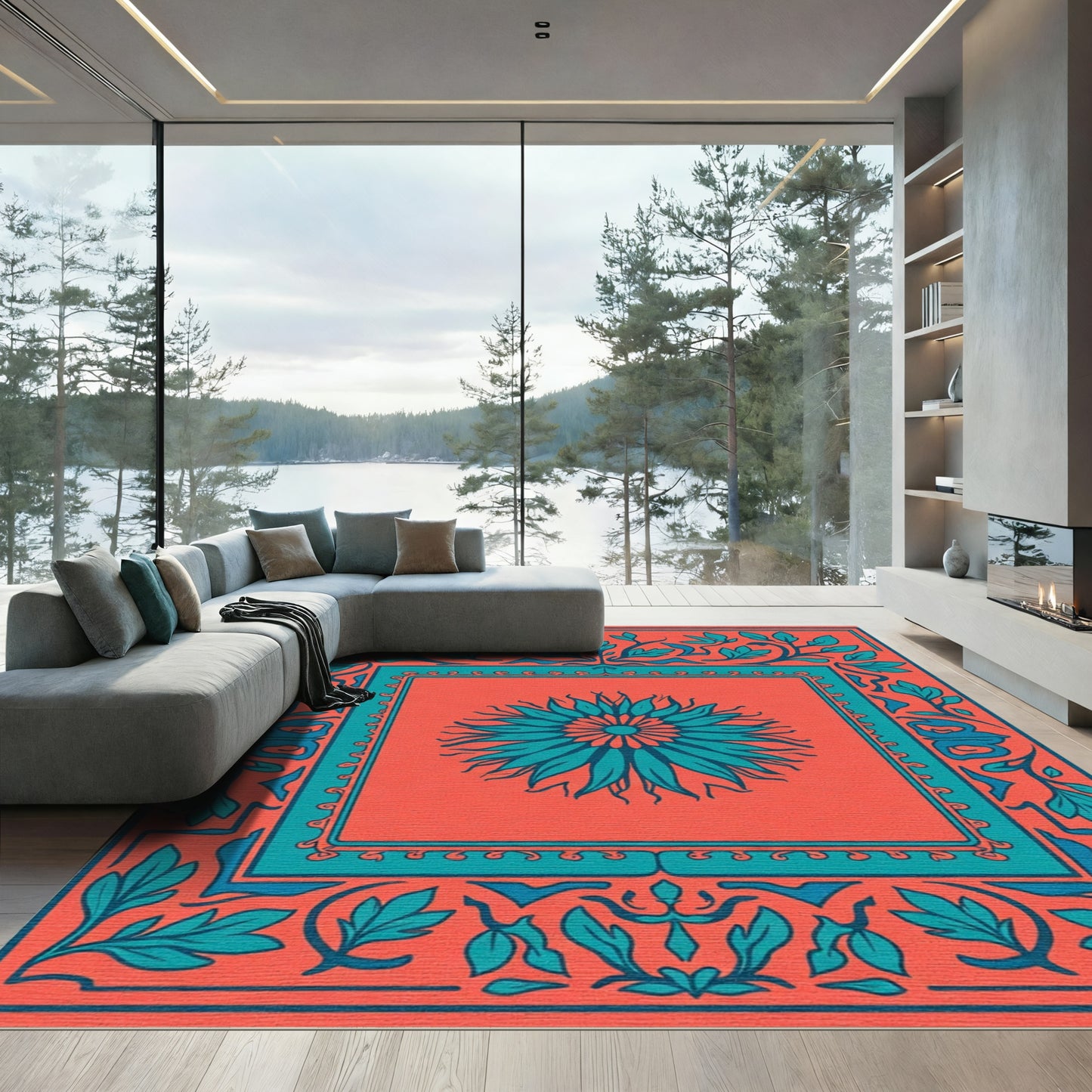 Coral Teal Floral Sunburst Frame Rug