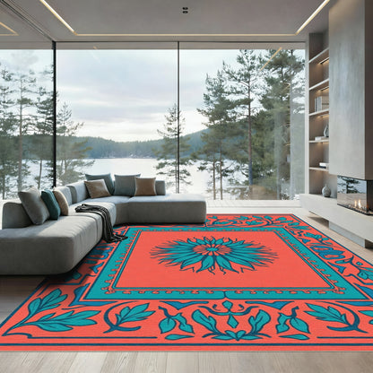 Coral Teal Floral Sunburst Frame Rug