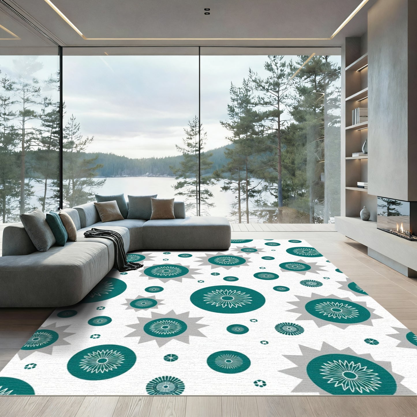 Teal White Starburst Floral Cluster Rug