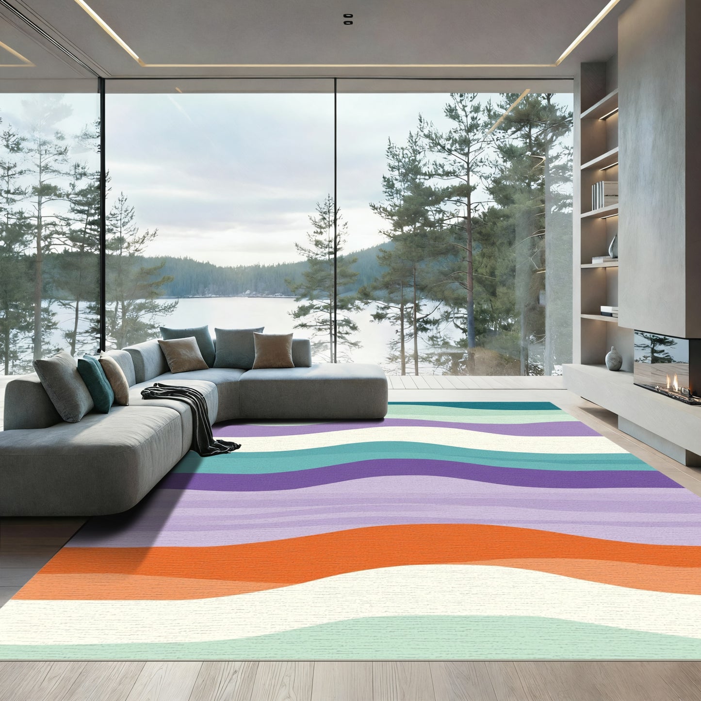 Abstract Wavy Stripe Teal Purple Orange Rug