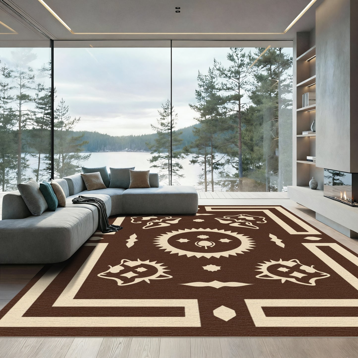 Brown Cream Folk Art Sunburst Rug