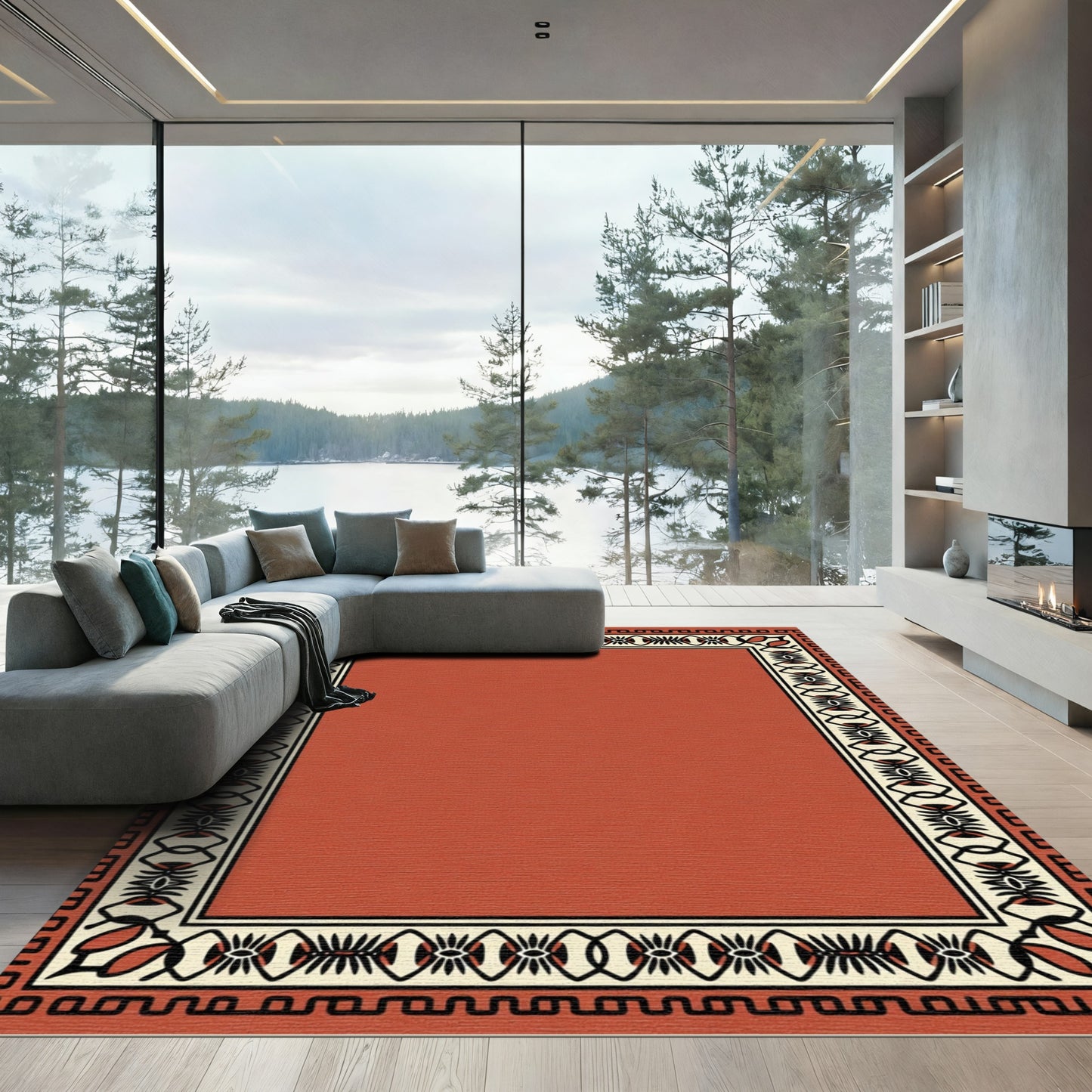 Rustic Terracotta Geometric Border Rug