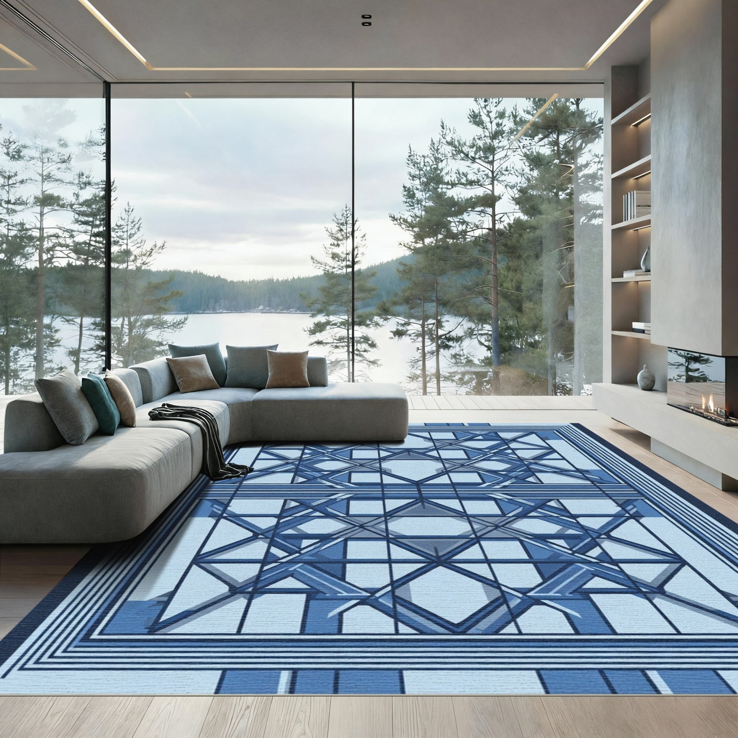 Geometric Blue Architectural Lattice Rug