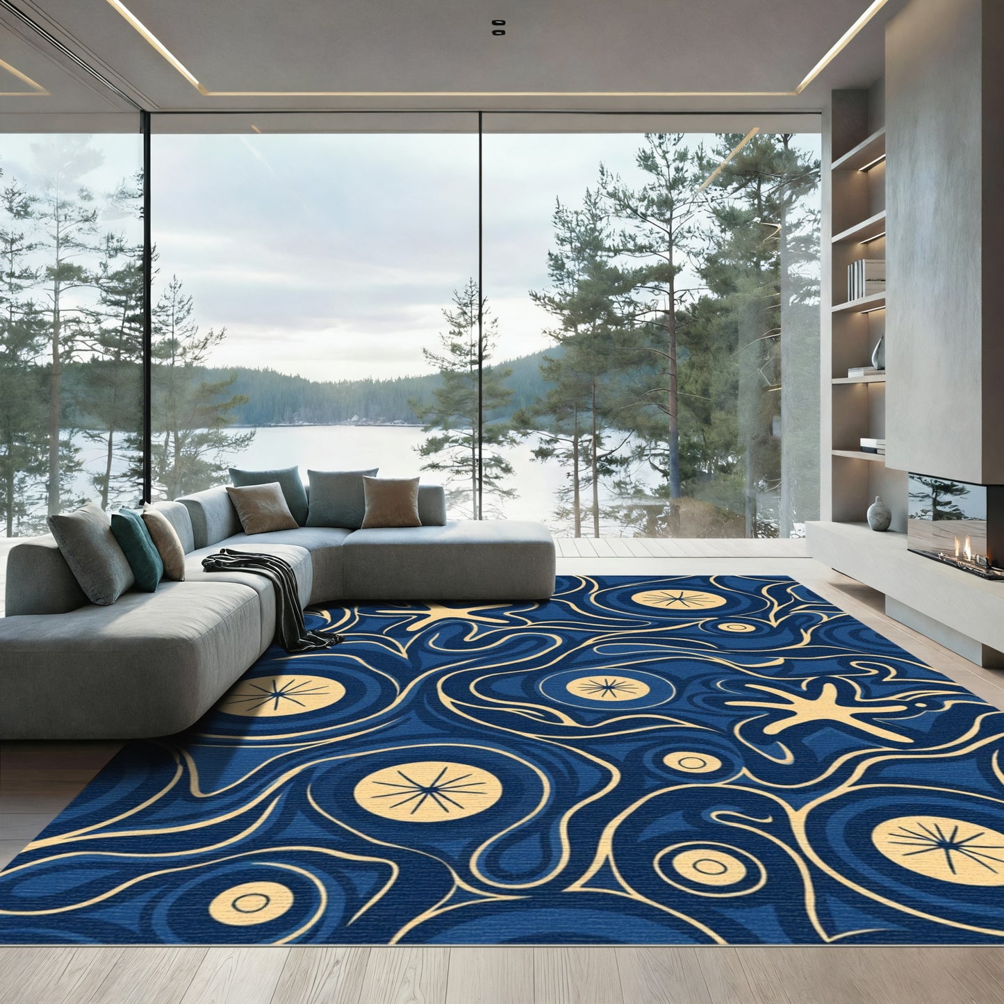 Celestial Blue And Gold Swirl Rug