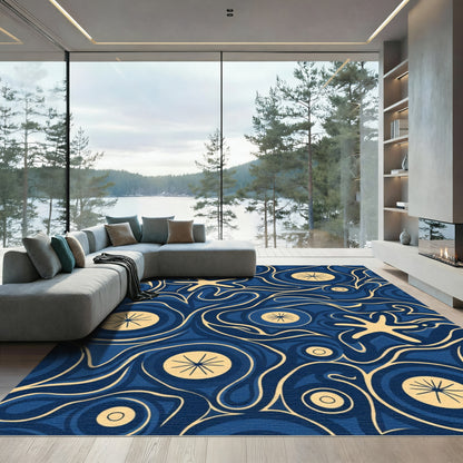 Celestial Blue And Gold Swirl Rug